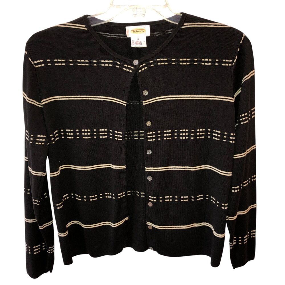 Talbots Womens Medium Black Silk Blend Striped Button Up Cardigan Sweater Size M